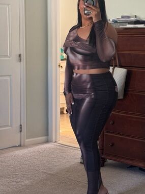 Fashion Nova Dark Brown One-Shoulder Sheer Two-Piece Set